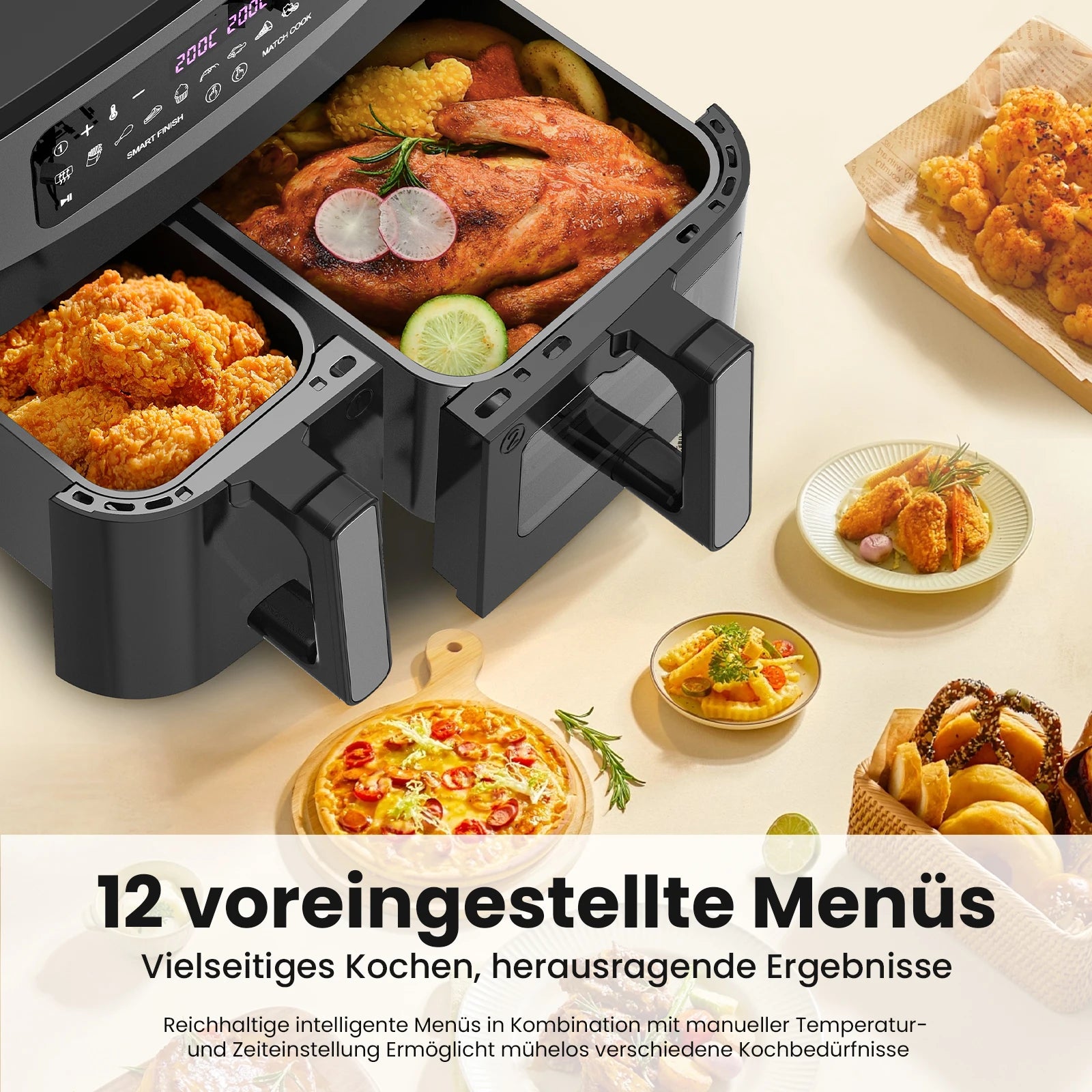 Dual-Basket Air Fryer with Viewing Window, 10L (4L X 6L) XXL 2600W Capacity Double Air Fryer, 12-in-1 Preset Functions