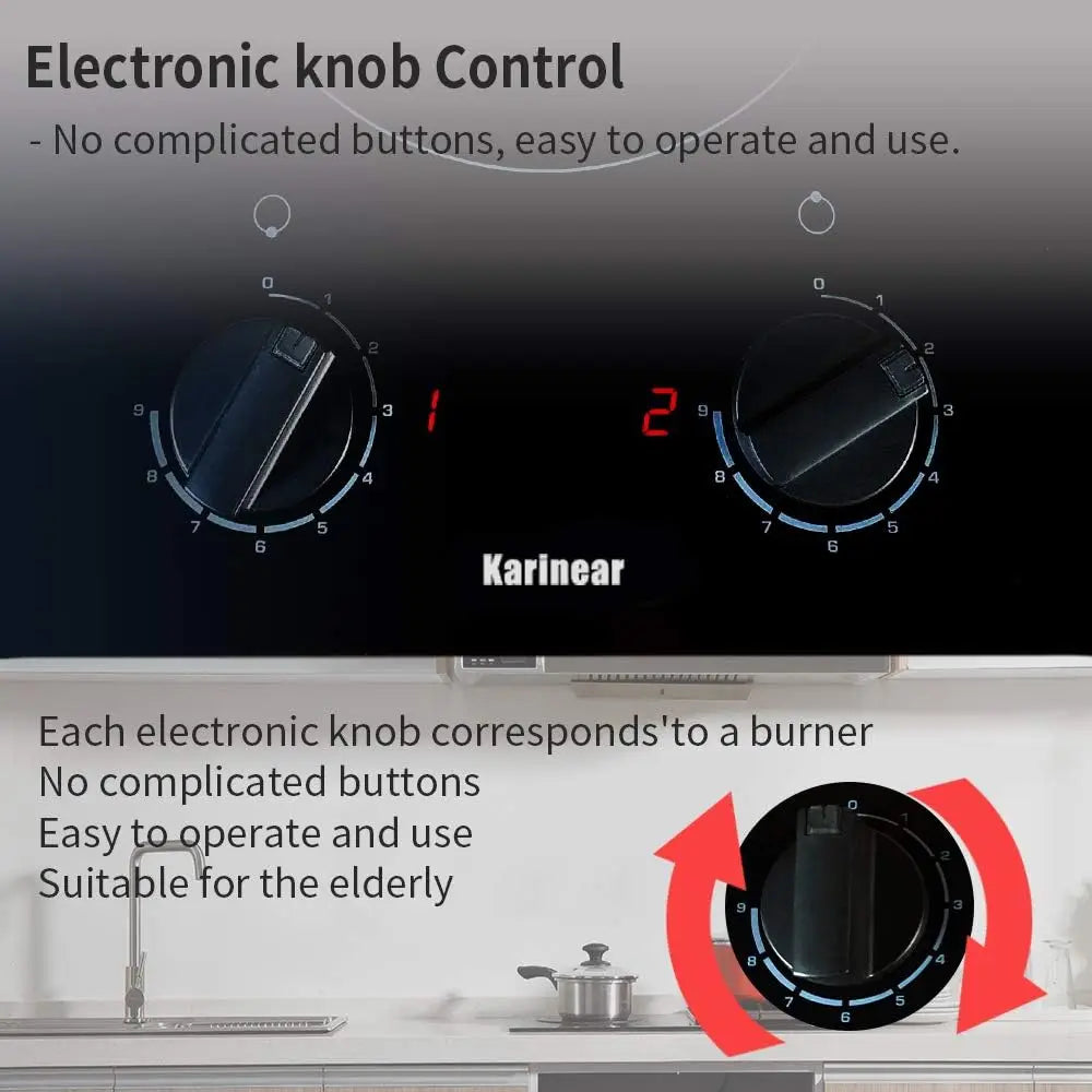 Karinear 2 Burners Electric Cooktop 12Inch Built-in Stove Top Knobs Control Residual Heat Indicator, 220v- 240v No Plug included