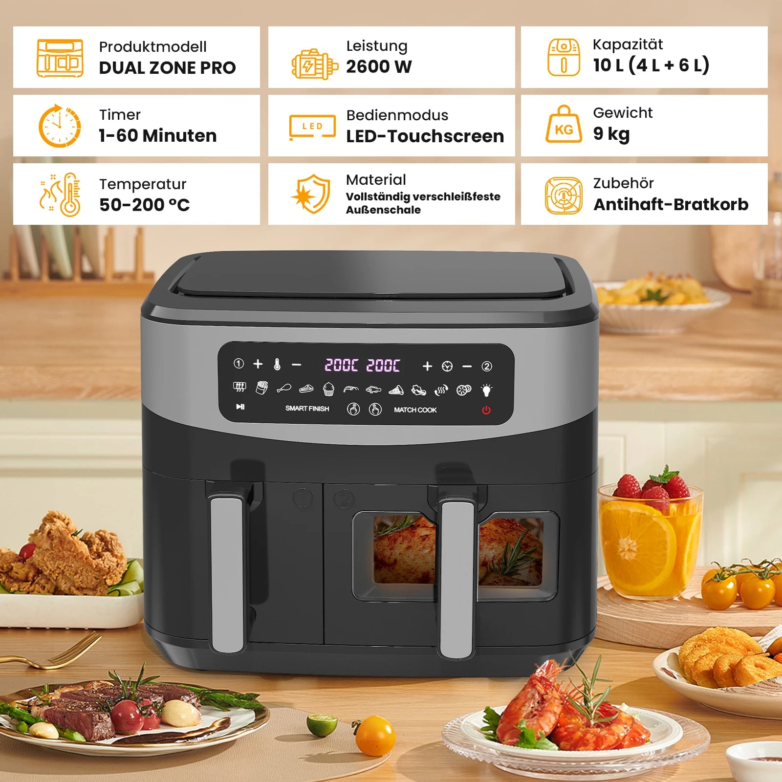 Dual-Basket Air Fryer with Viewing Window, 10L (4L X 6L) XXL 2600W Capacity Double Air Fryer, 12-in-1 Preset Functions