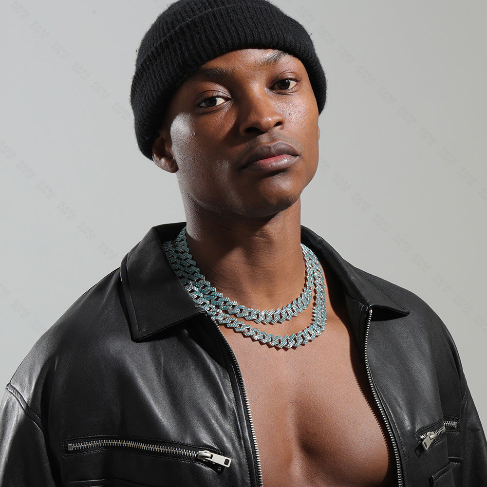 Xindi European and American Popular Men's Necklace 15mm Exaggerated Diamond Geometric Trendy Hip-Hop Jewelry Large Gold Chain Necklace