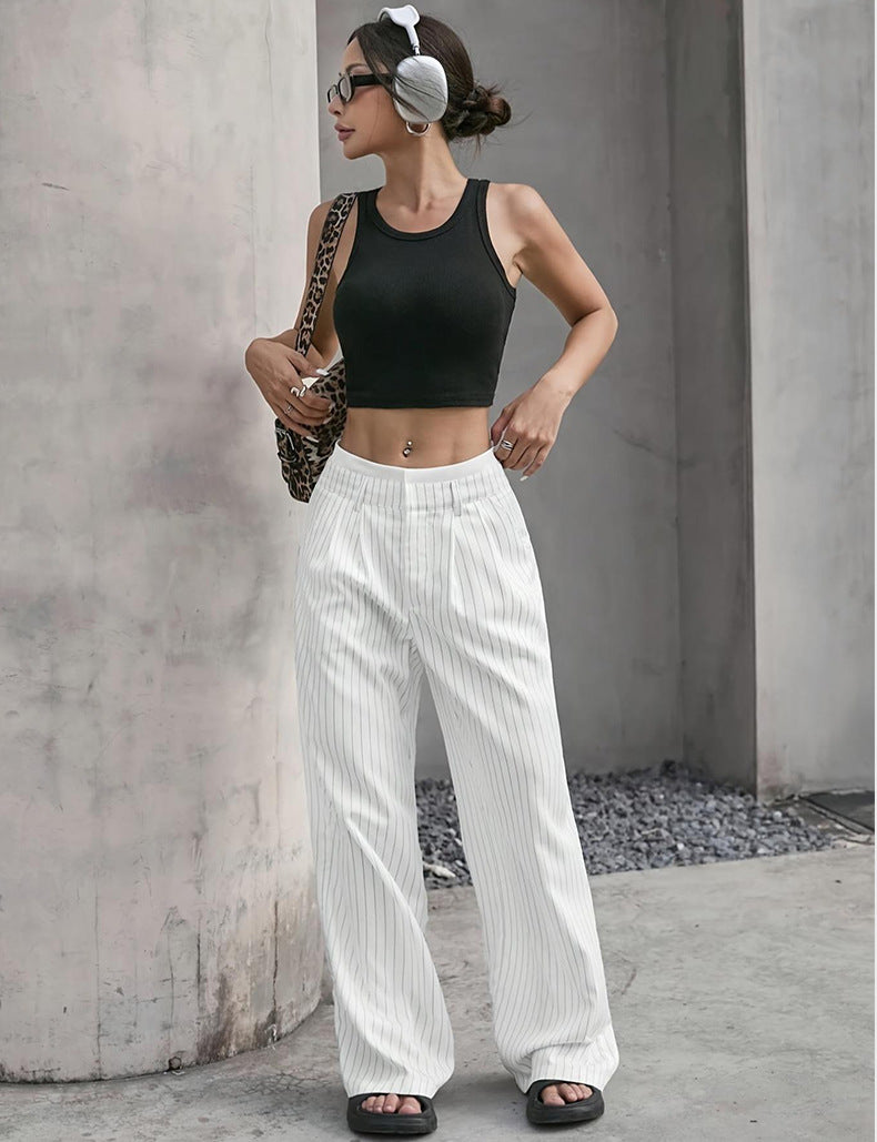 2025 Spring and Summer New Cross-border Design Sense Pants Casual High Waist Stitching Pants Simple Dosing Sense Loose Straight Leg Pants