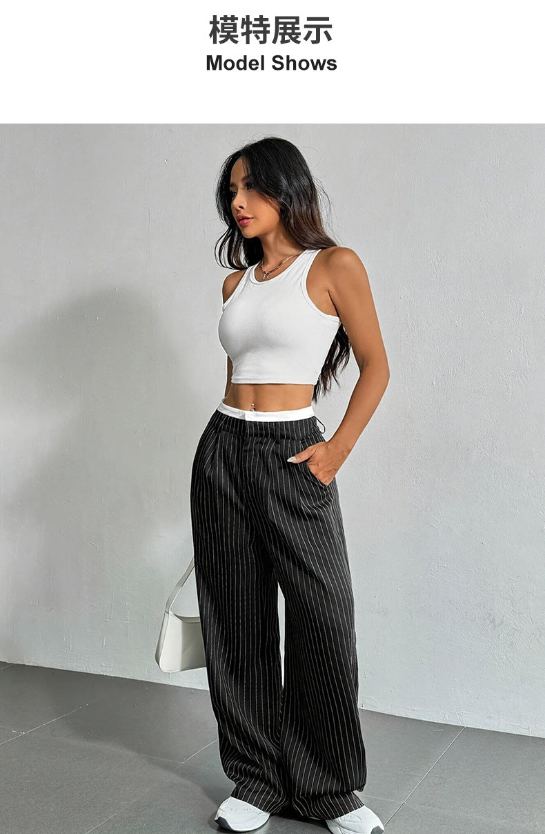 2025 Spring and Summer New Cross-border Design Sense Pants Casual High Waist Stitching Pants Simple Dosing Sense Loose Straight Leg Pants