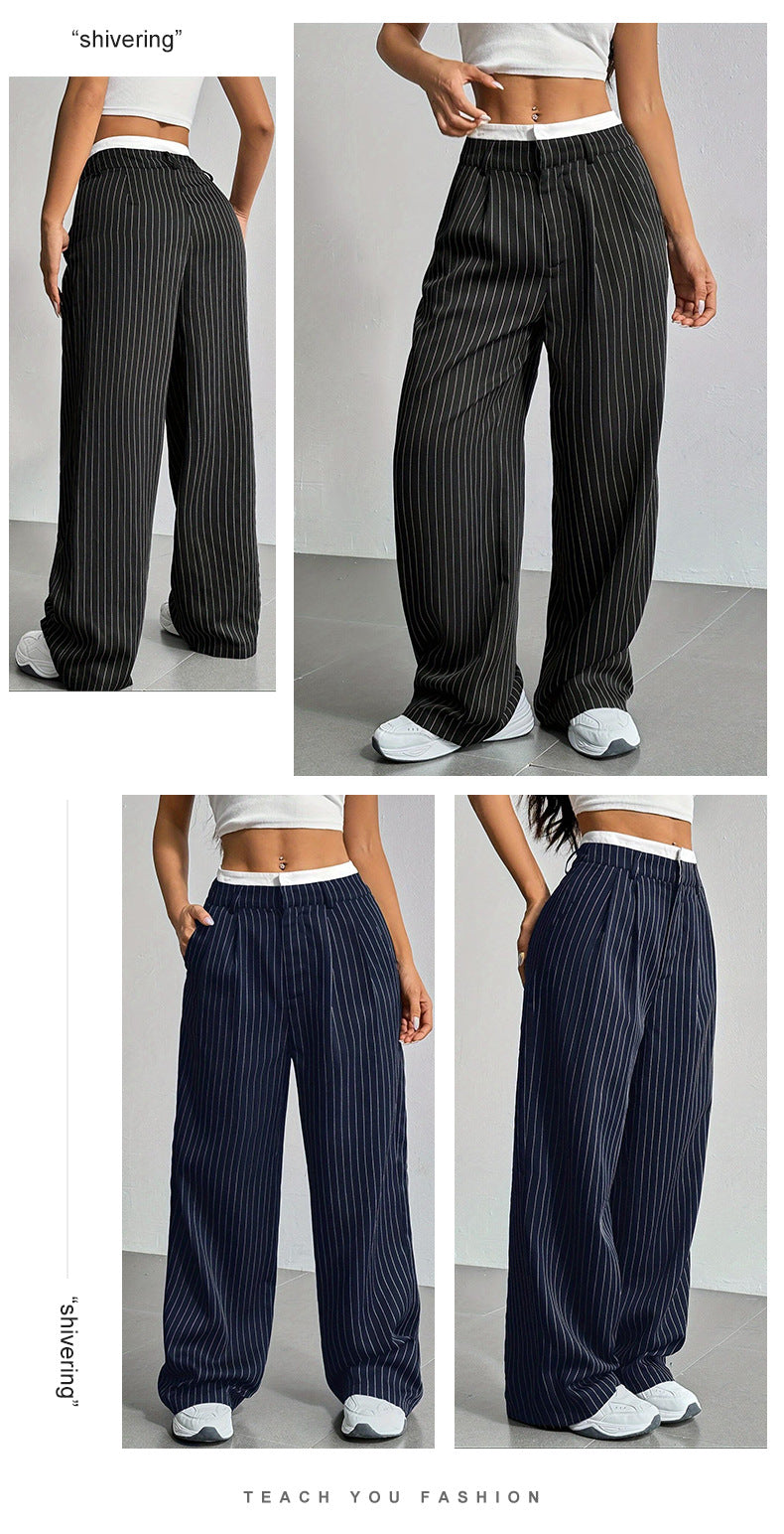 2025 Spring and Summer New Cross-border Design Sense Pants Casual High Waist Stitching Pants Simple Dosing Sense Loose Straight Leg Pants