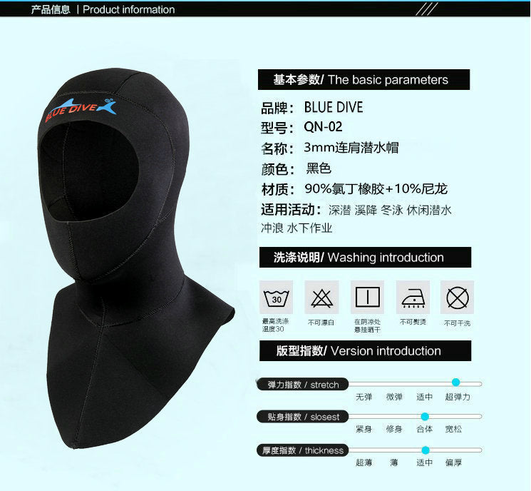 Diving Cap 3mm Thickened Warm Underwater Cold-proof Swimming Scuba Men's Winter Swimming Women's Super Elastic Thickened Snorkeling Head with Shoulder