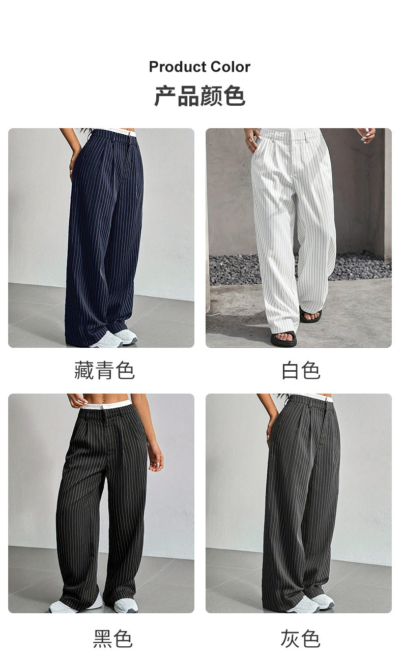 2025 Spring and Summer New Cross-border Design Sense Pants Casual High Waist Stitching Pants Simple Dosing Sense Loose Straight Leg Pants