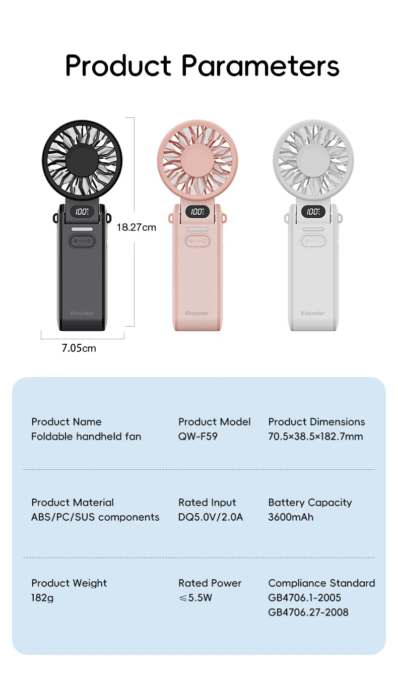 New Portable Handheld Fan 3600mAh USB Foldable Rechargeable Fan 100 Speed Adjustable Outdoor Cooling Fan W/ LED Digital Display