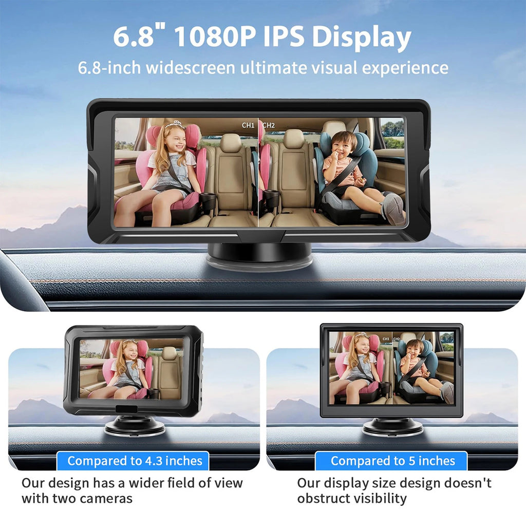 Car Baby Camera Dual Channel 6.8inch 1080P Display with 2 IR Night Vision Camera and 150° Wide View Angle Automotive Baby Camera