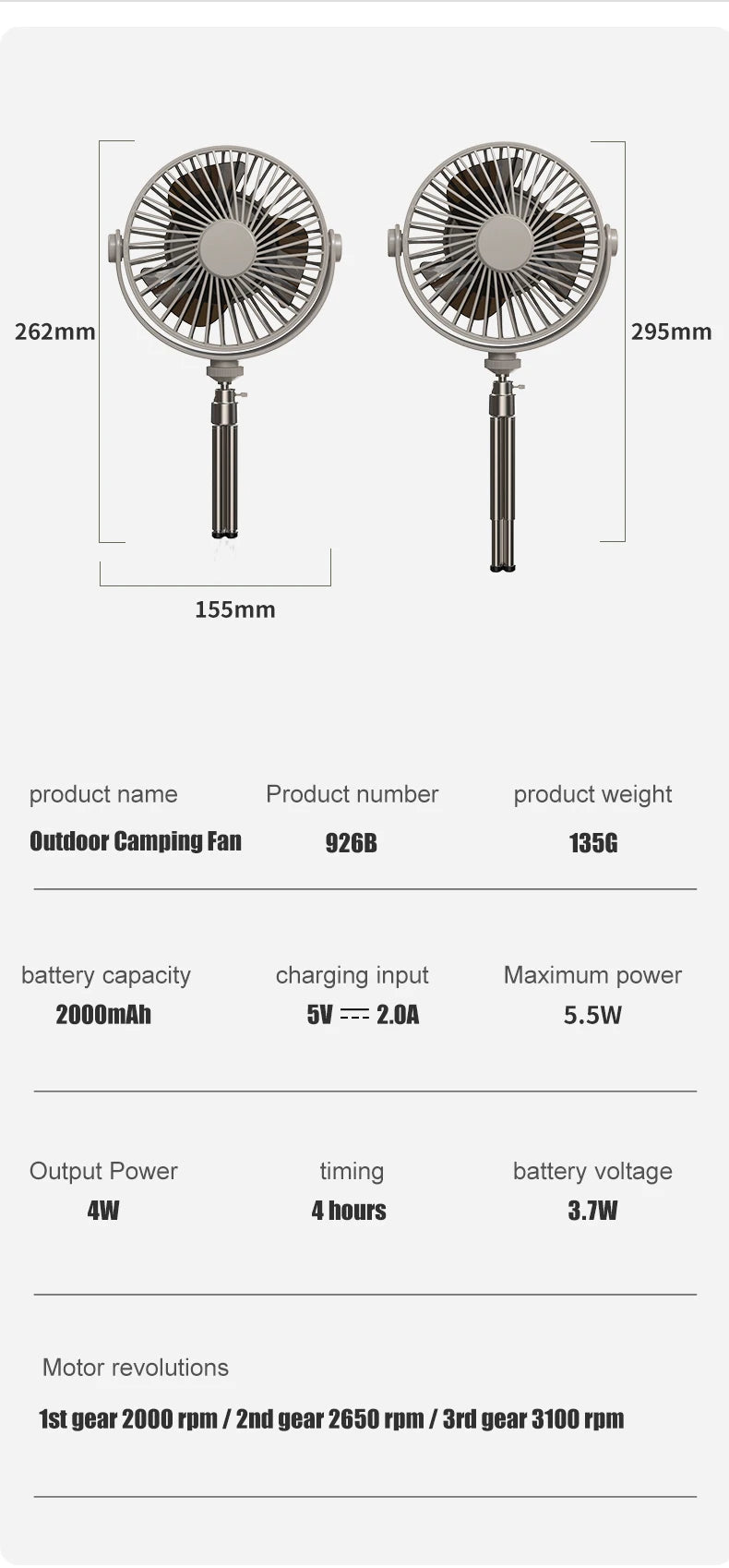 Tripod Stand Desk Air Cooling Blower Rotation Camping Ceiling Fan With Night Light Outdoor USB Chargeable Conditioning Cooler