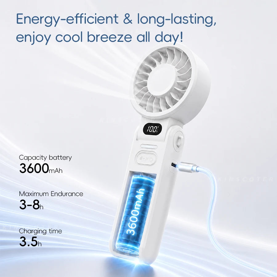 New Portable Handheld Fan 3600mAh USB Foldable Rechargeable Fan 100 Speed Adjustable Outdoor Cooling Fan W/ LED Digital Display