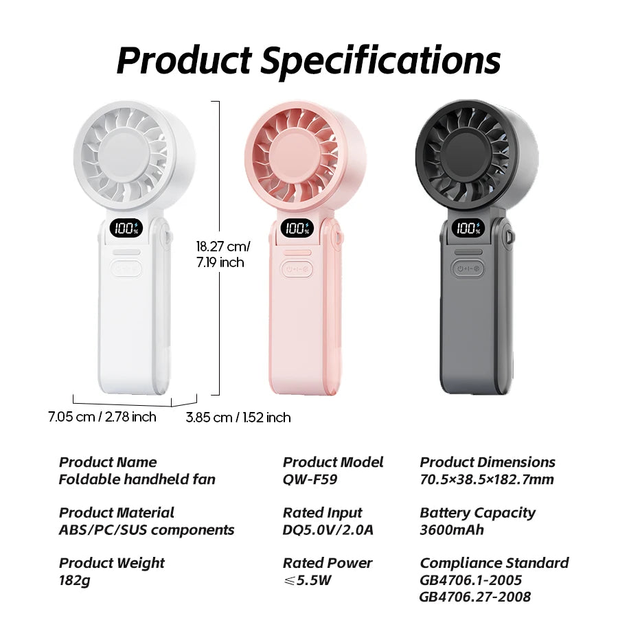 New Portable Handheld Fan 3600mAh USB Foldable Rechargeable Fan 100 Speed Adjustable Outdoor Cooling Fan W/ LED Digital Display