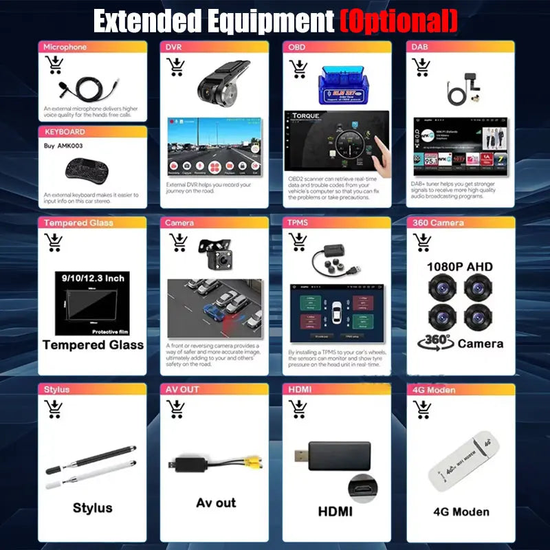 For Android Screen Navigation Car Multimedia Player Accessories Optional 360 Camera Dynamic Trajectory DAB ADAS DVR TGSP TPMS 4G