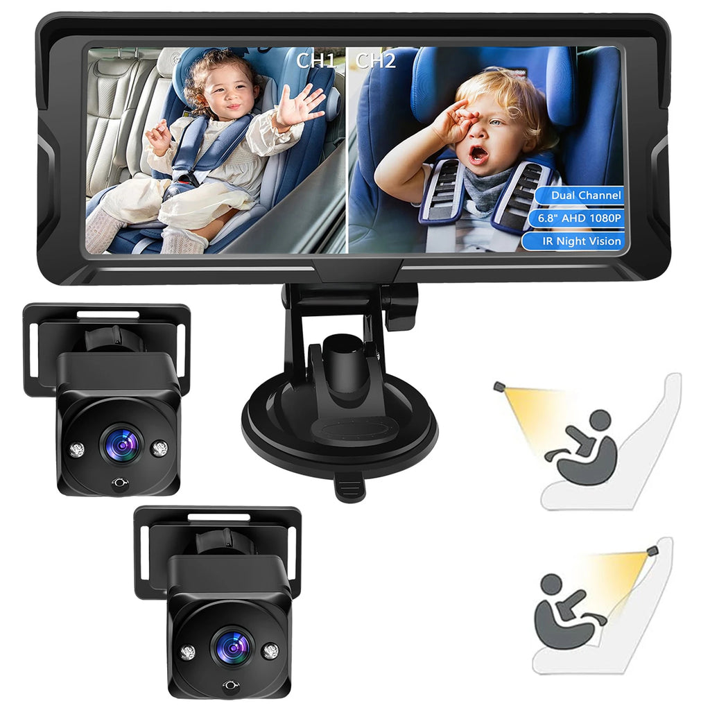 Car Baby Camera Dual Channel 6.8inch 1080P Display with 2 IR Night Vision Camera and 150° Wide View Angle Automotive Baby Camera