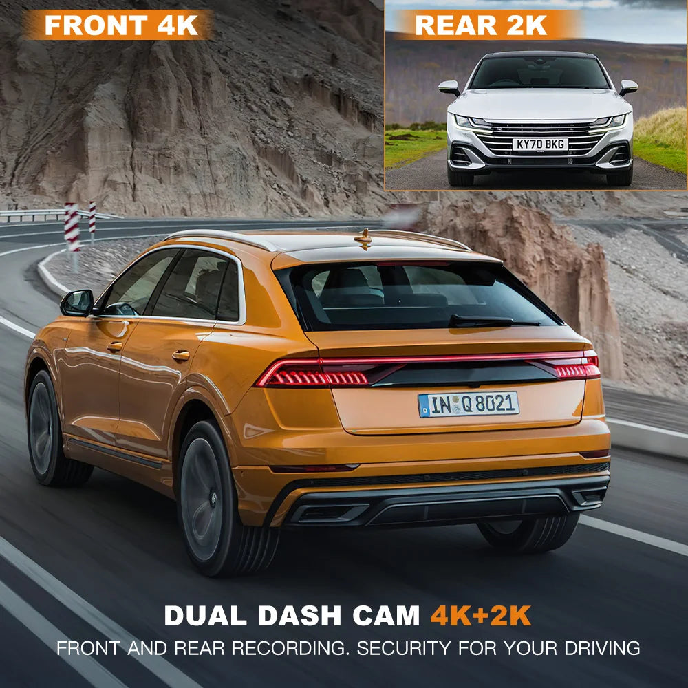 Dash Cam 4K+1080P Dual Dash Car Camera Built-in WiFi GPS 3.19" Screen Car DVR 24H Parking Mode Night Vision Black Box