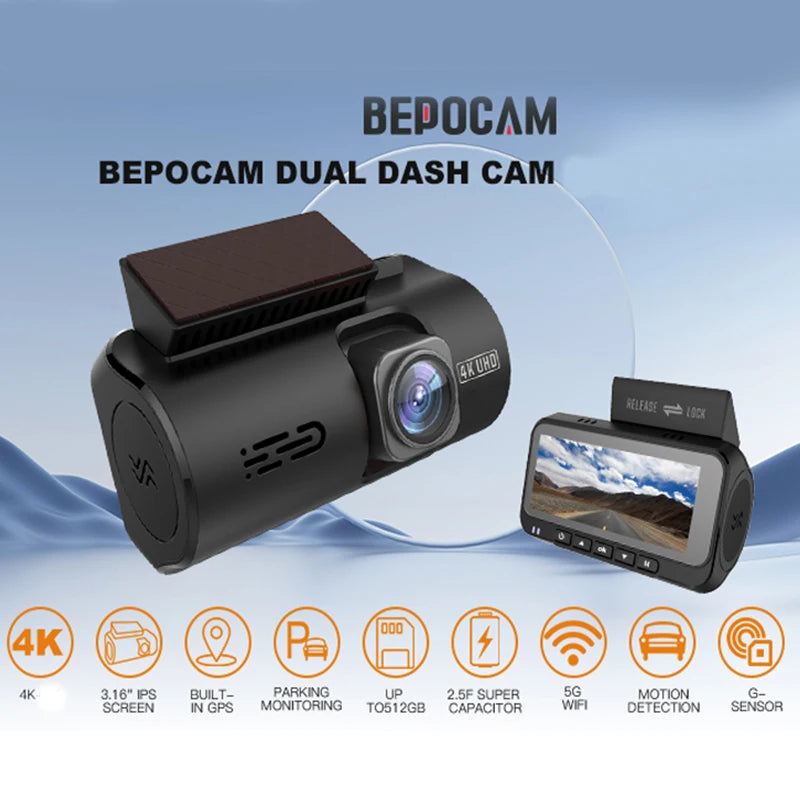 Dash Cam 4K+1080P Dual Dash Car Camera Built-in WiFi GPS 3.19" Screen Car DVR 24H Parking Mode Night Vision Black Box