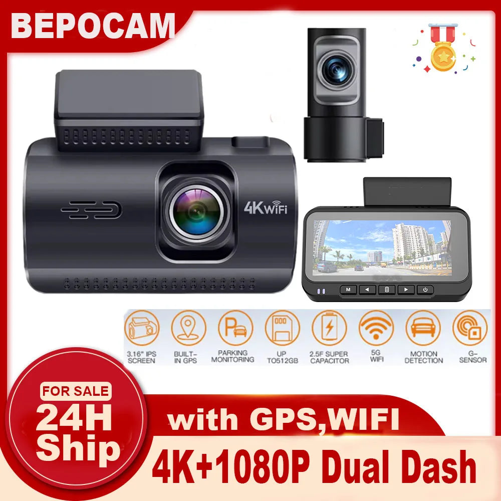 Dash Cam 4K+1080P Dual Dash Car Camera Built-in WiFi GPS 3.19" Screen Car DVR 24H Parking Mode Night Vision Black Box