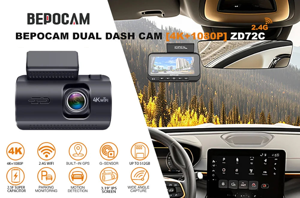Dash Cam 4K+1080P Dual Dash Car Camera Built-in WiFi GPS 3.19" Screen Car DVR 24H Parking Mode Night Vision Black Box