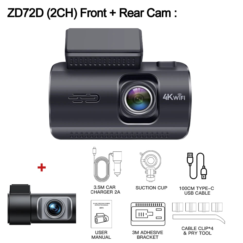 Dash Cam 4K+1080P Dual Dash Car Camera Built-in WiFi GPS 3.19" Screen Car DVR 24H Parking Mode Night Vision Black Box