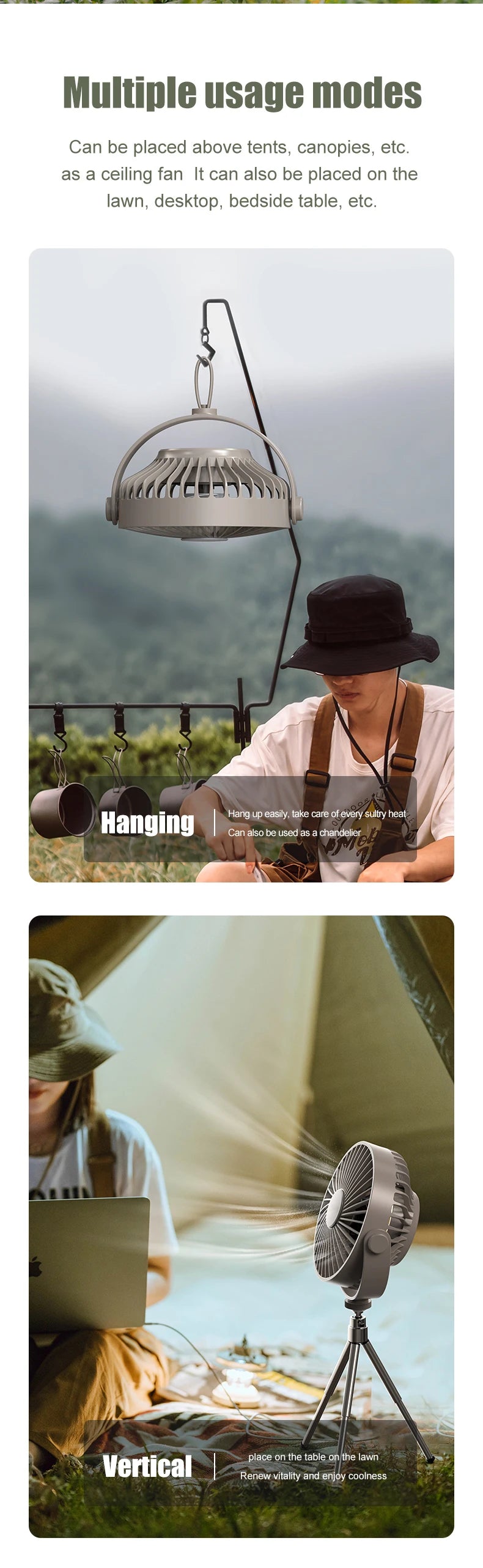 Tripod Stand Desk Air Cooling Blower Rotation Camping Ceiling Fan With Night Light Outdoor USB Chargeable Conditioning Cooler