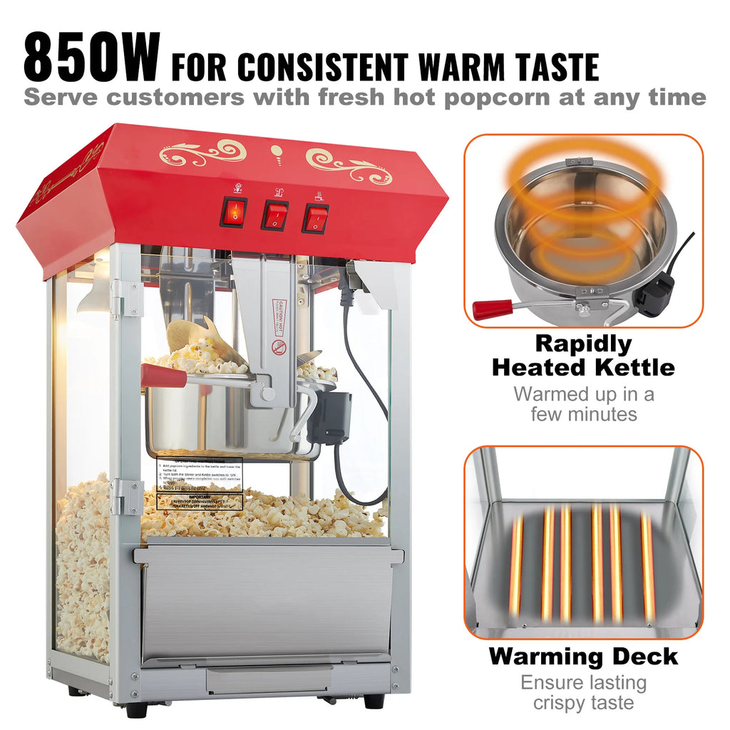 SucceBuy 8/12Oz Electric Popcorn Maker Commercial Popper Machine  Automatic Corn Cookware with Scoop Spoon SUS304 Heating Tube