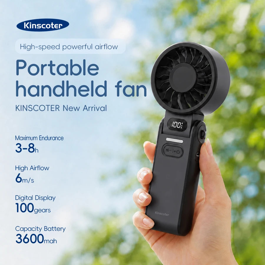 New Portable Handheld Fan 3600mAh USB Foldable Rechargeable Fan 100 Speed Adjustable Outdoor Cooling Fan W/ LED Digital Display