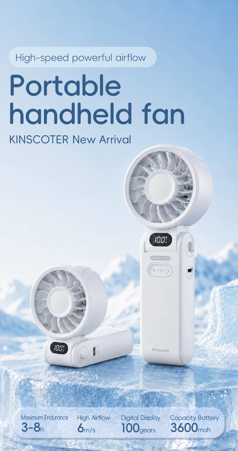 New Portable Handheld Fan 3600mAh USB Foldable Rechargeable Fan 100 Speed Adjustable Outdoor Cooling Fan W/ LED Digital Display