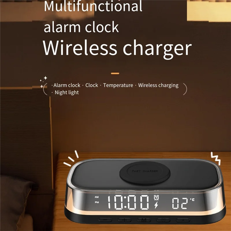 Wireless Charger 15W Multi-Function Desktop Wireless Charger Clock Alarm Thermometer Night Light-AB01
