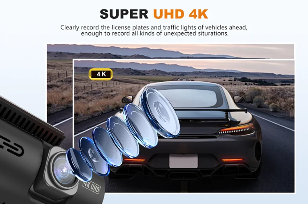 Dash Cam 4K+1080P Dual Dash Car Camera Built-in WiFi GPS 3.19" Screen Car DVR 24H Parking Mode Night Vision Black Box