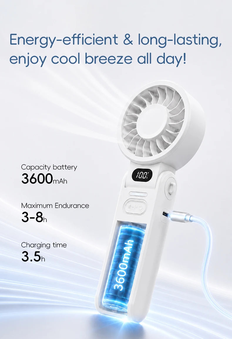 New Portable Handheld Fan 3600mAh USB Foldable Rechargeable Fan 100 Speed Adjustable Outdoor Cooling Fan W/ LED Digital Display