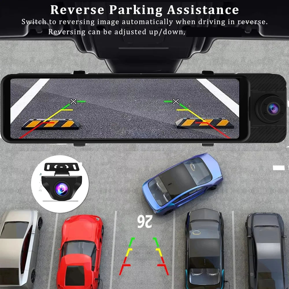 3 Channel Mirror Dash Cam with Front 4K in-Cabin & Rear 1080P Cameras Enhanced Night Vision G-Sensor & Parking Monitor WIFI GPS
