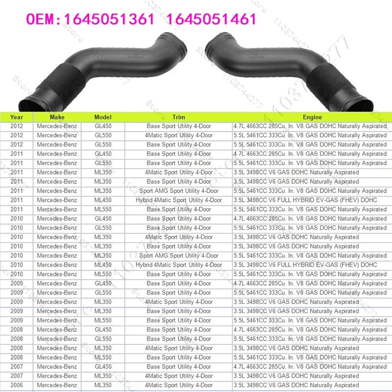 For 2006-2012 Mercedes-Benz GL450 GL550 ML350 ML450 ML500 ML550 (W164) Air Intake Duct Hose 1645051361 1645051461