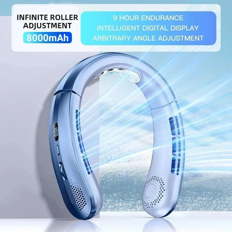 8000mAh USB Hanging Neck Fan Portable Bladeless Mini Rechargeable Mute LED Digital Display Electric Fans Air Cooler New 2025