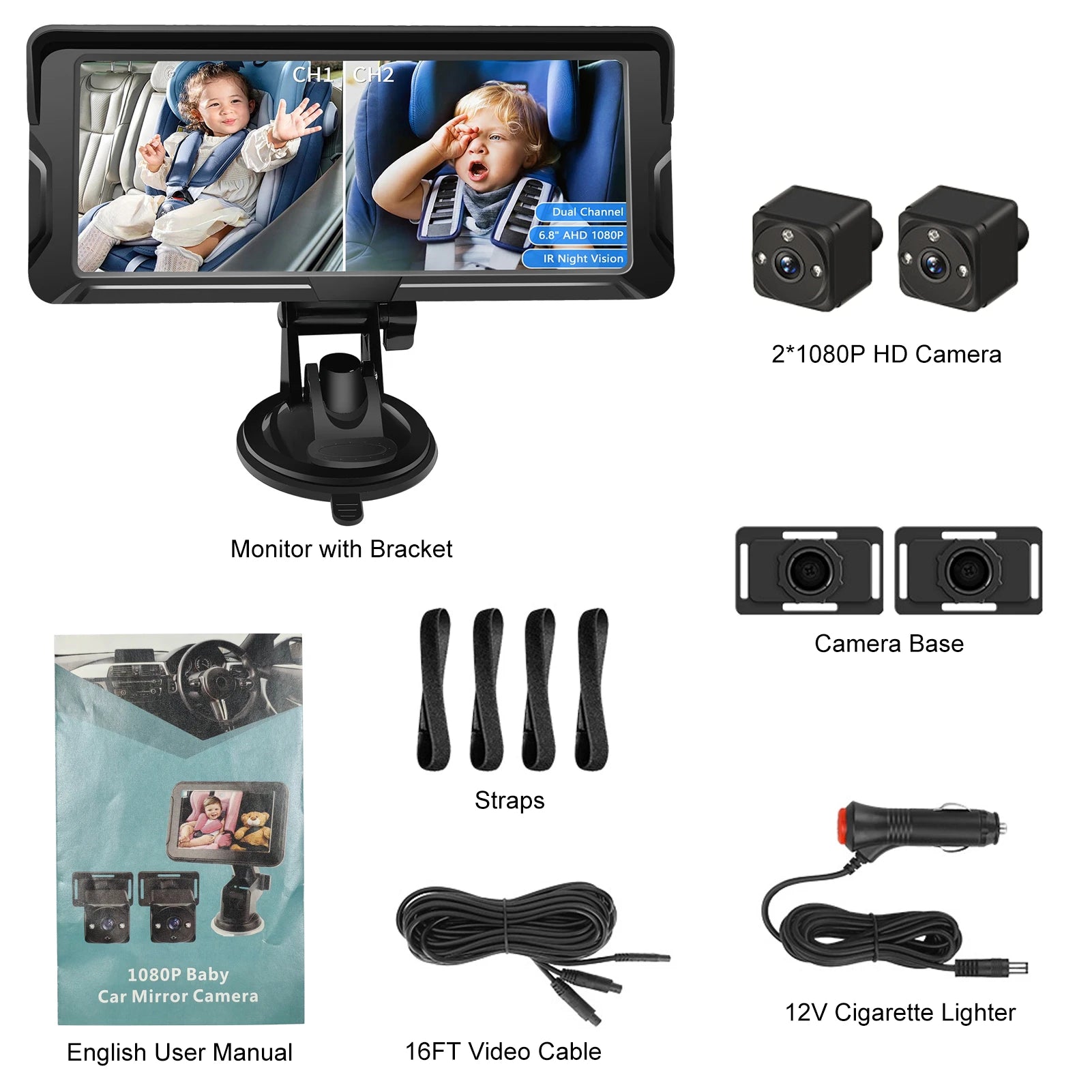 Car Baby Camera Dual Channel 6.8inch 1080P Display with 2 IR Night Vision Camera and 150° Wide View Angle Automotive Baby Camera