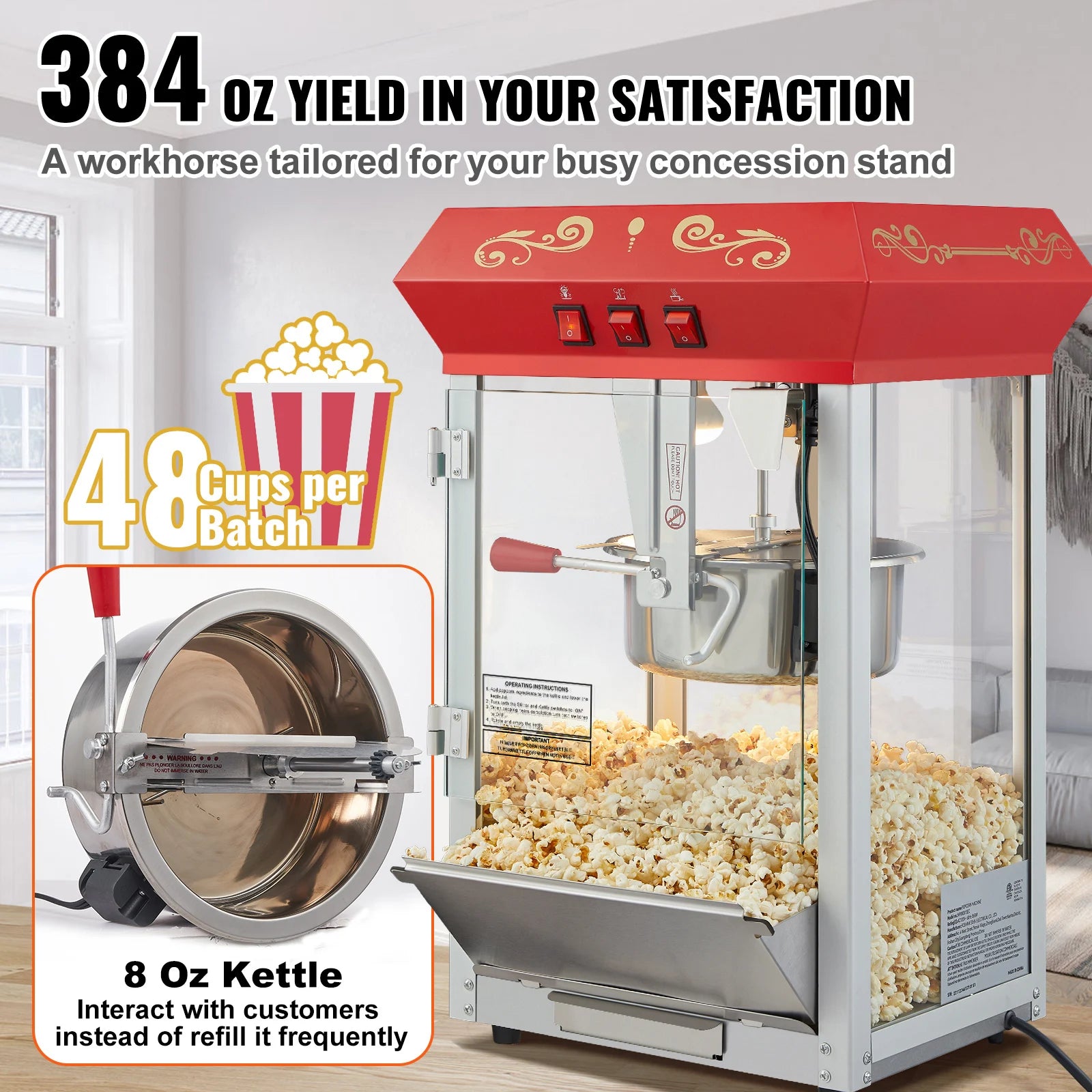 SucceBuy 8/12Oz Electric Popcorn Maker Commercial Popper Machine  Automatic Corn Cookware with Scoop Spoon SUS304 Heating Tube