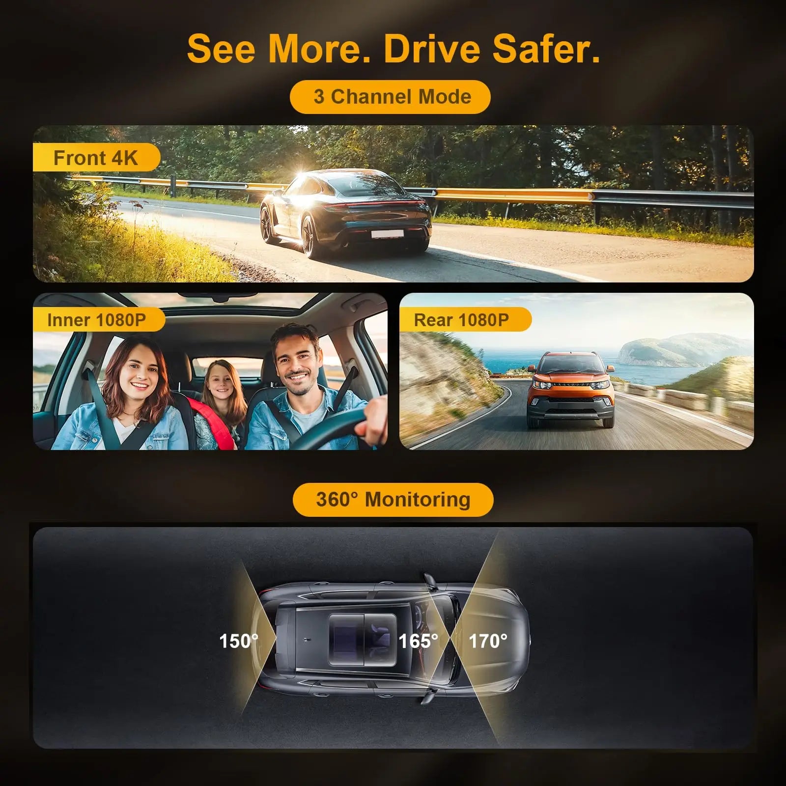 3 Channel Mirror Dash Cam with Front 4K in-Cabin & Rear 1080P Cameras Enhanced Night Vision G-Sensor & Parking Monitor WIFI GPS