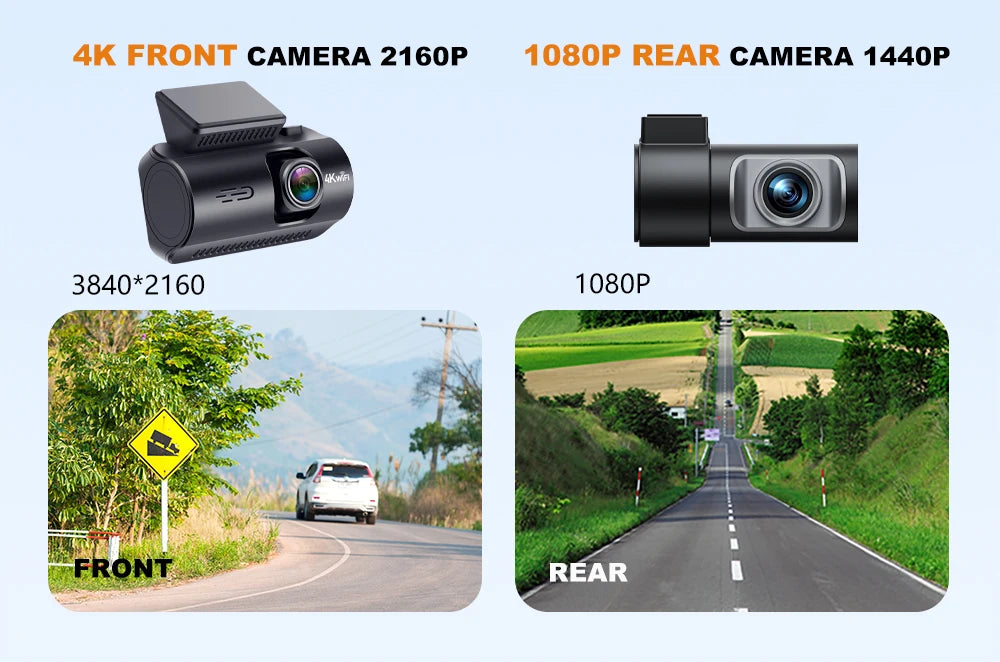 Dash Cam 4K+1080P Dual Dash Car Camera Built-in WiFi GPS 3.19" Screen Car DVR 24H Parking Mode Night Vision Black Box