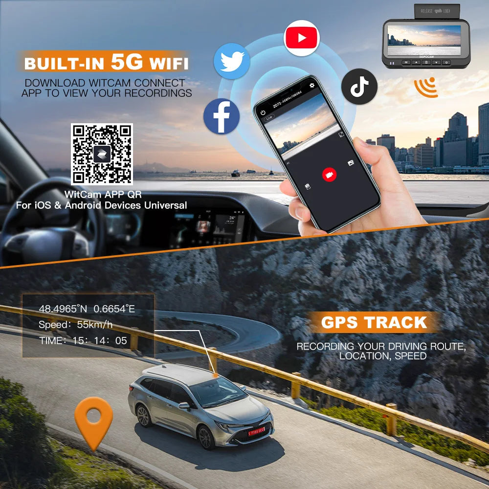 Dash Cam 4K+1080P Dual Dash Car Camera Built-in WiFi GPS 3.19" Screen Car DVR 24H Parking Mode Night Vision Black Box