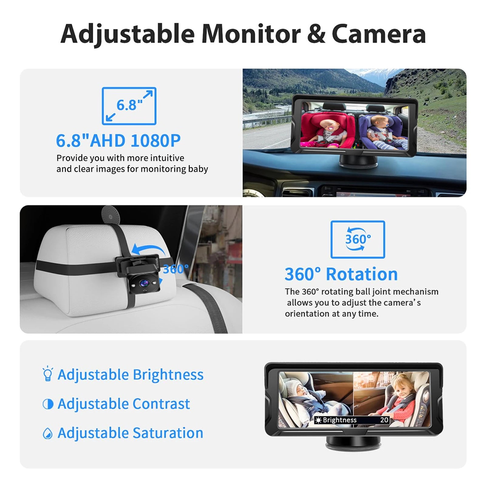 Car Baby Camera Dual Channel 6.8inch 1080P Display with 2 IR Night Vision Camera and 150° Wide View Angle Automotive Baby Camera