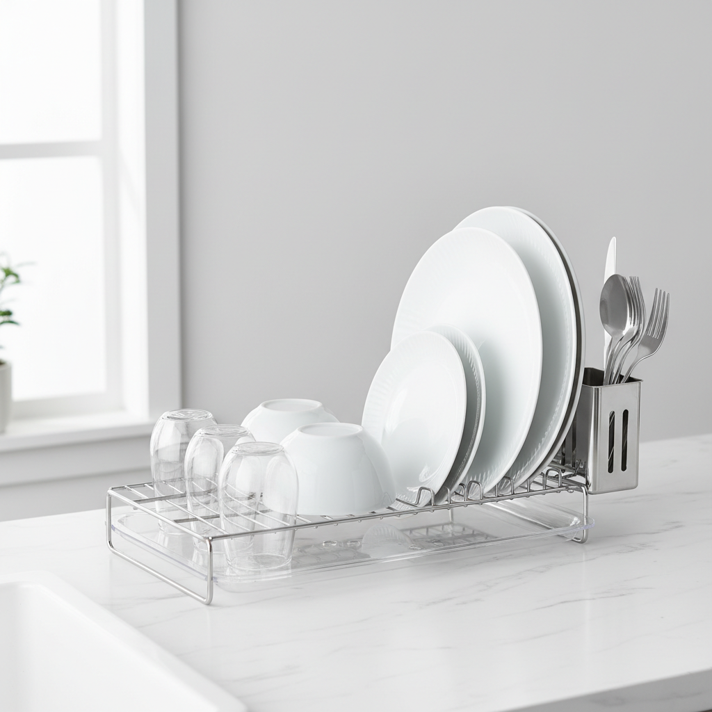 Modern stainless steel dish drying rack on kitchen counter
