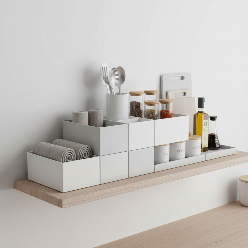 Modular kitchen storage organiser on a modern shelf