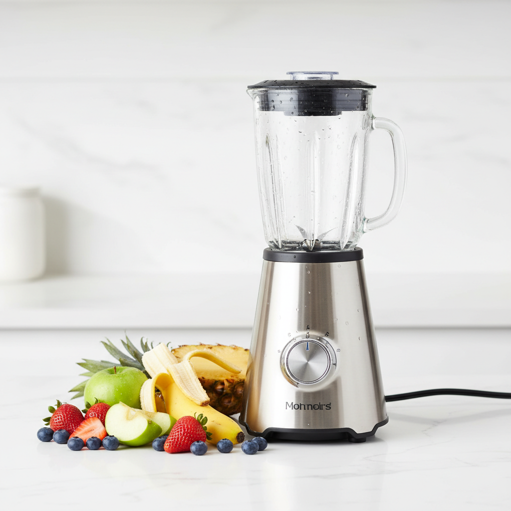 Sleek modern blender on kitchen countertop with fresh fruits